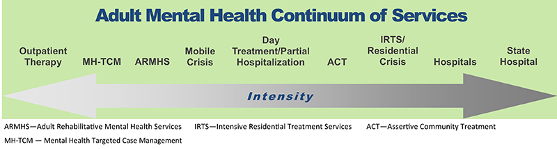 Shows adult mental health continuum of services.