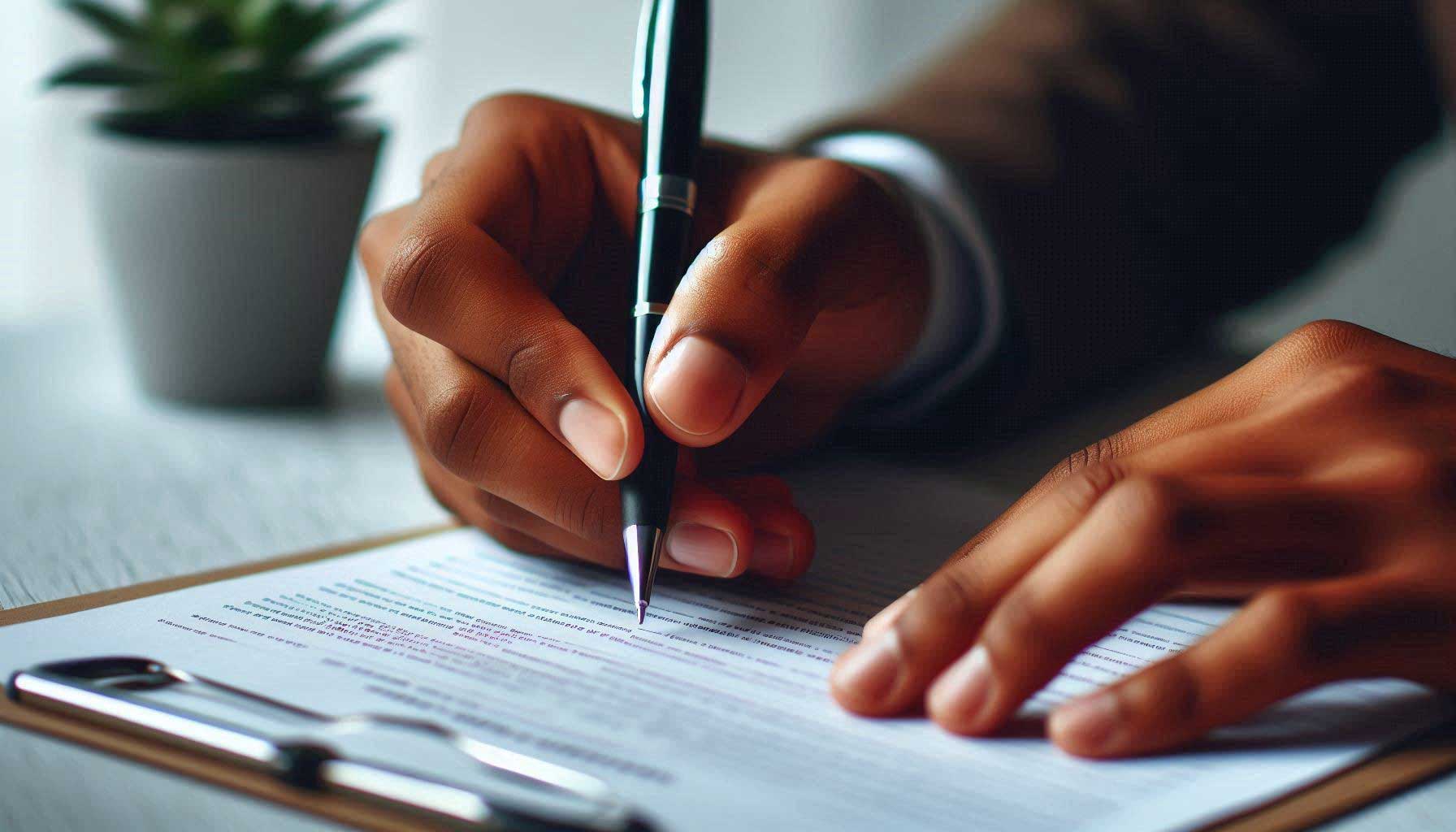 Close up of person's hand holding a pen and filling out a paper application