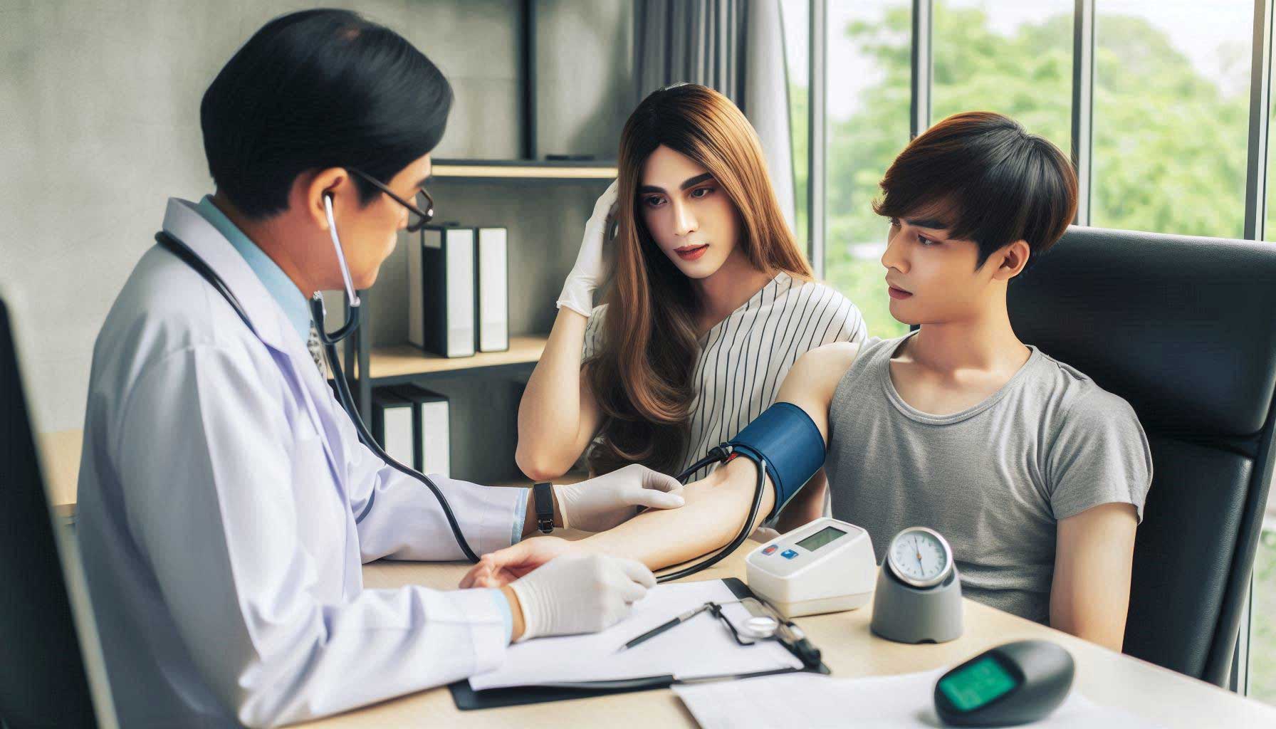 A man and trans woman sit in a doctor's office while the doctor checks the man's blood pressure
