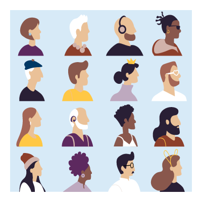 illustration of sixteen different people in a grid