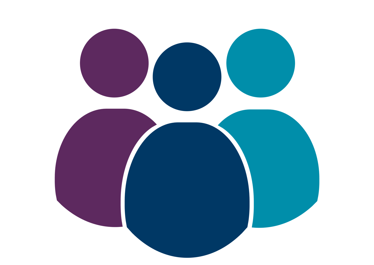 Icon of three people, one purple, one dark blue, and one light blue